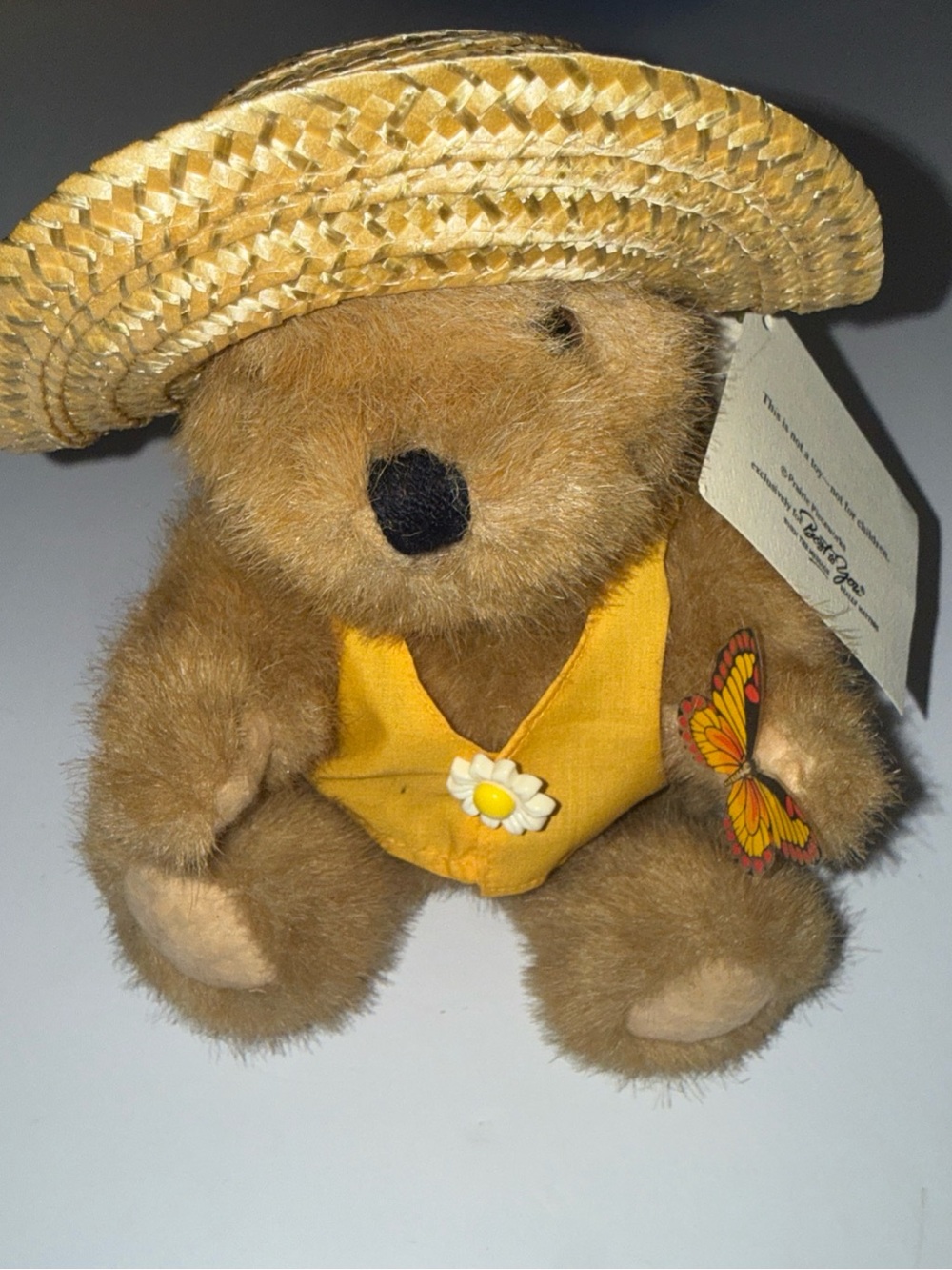Plush Brown Teddy Bear with Yellow Vest and Straw Hat - Kids Toy